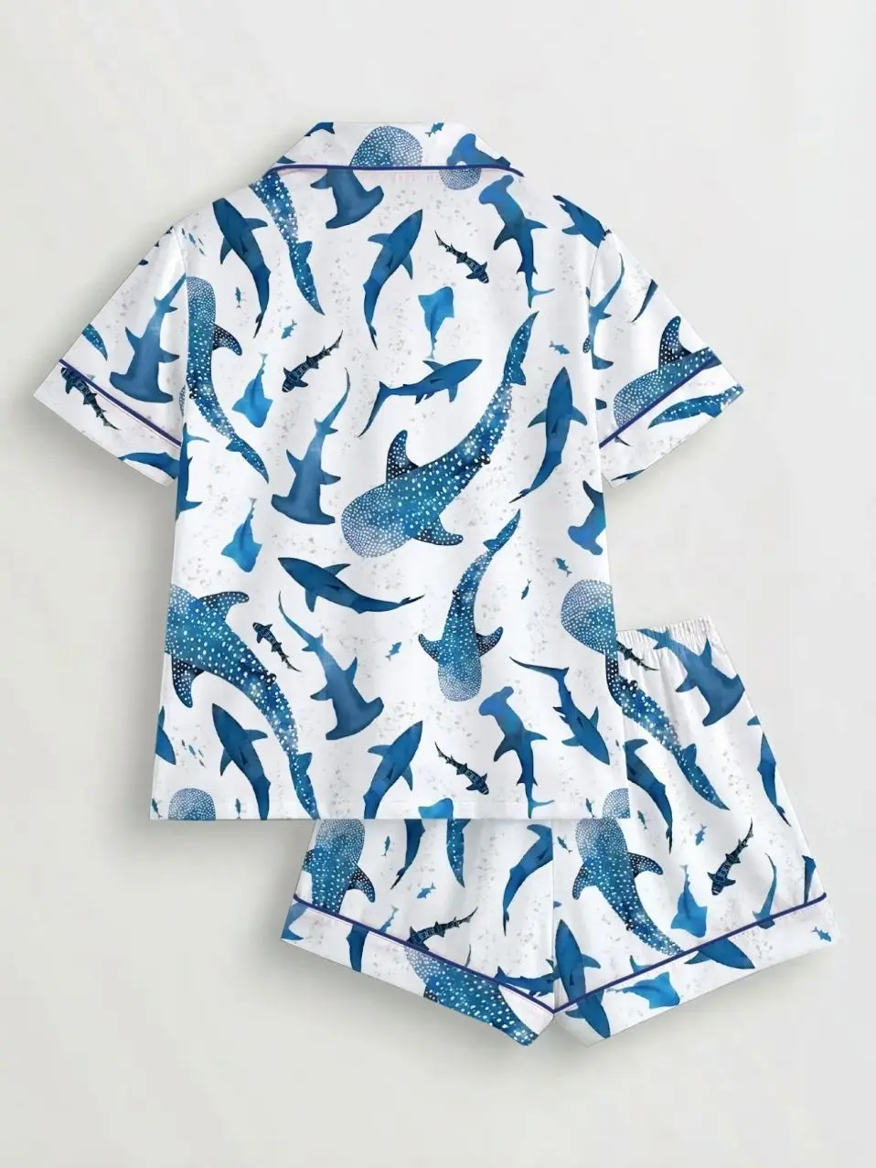 [S-5XL] Women's Shark Print Pajama Set, Short Sleeve Button-Up Top and Elastic Shorts, Casual All-Season Sleepwear, Comfortable Home Wear, Homewear, Pyjamas, Pjs