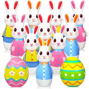 12 Pcs 28 Inch Giant Inflatable Easter Bunny Bowling Set with Egg, Inflatable Easter Game for Kids Adults Family, 10 Pins and 2 Balls for Party Toys Indoor Outdoor Holiday Activities