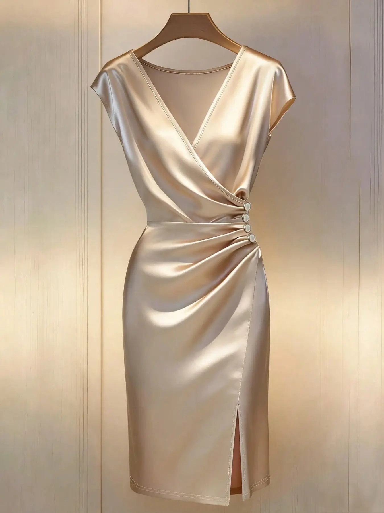 Shiny Satin Fabric Deep V-Waist Pleated Side Slit Dress, Formal Wear, Workwear, Evening Party Dresses, Chic Luxurious Lady Style, Office Queen Look, Daily Elegant, Elegant Fashion Dress, Womenswear