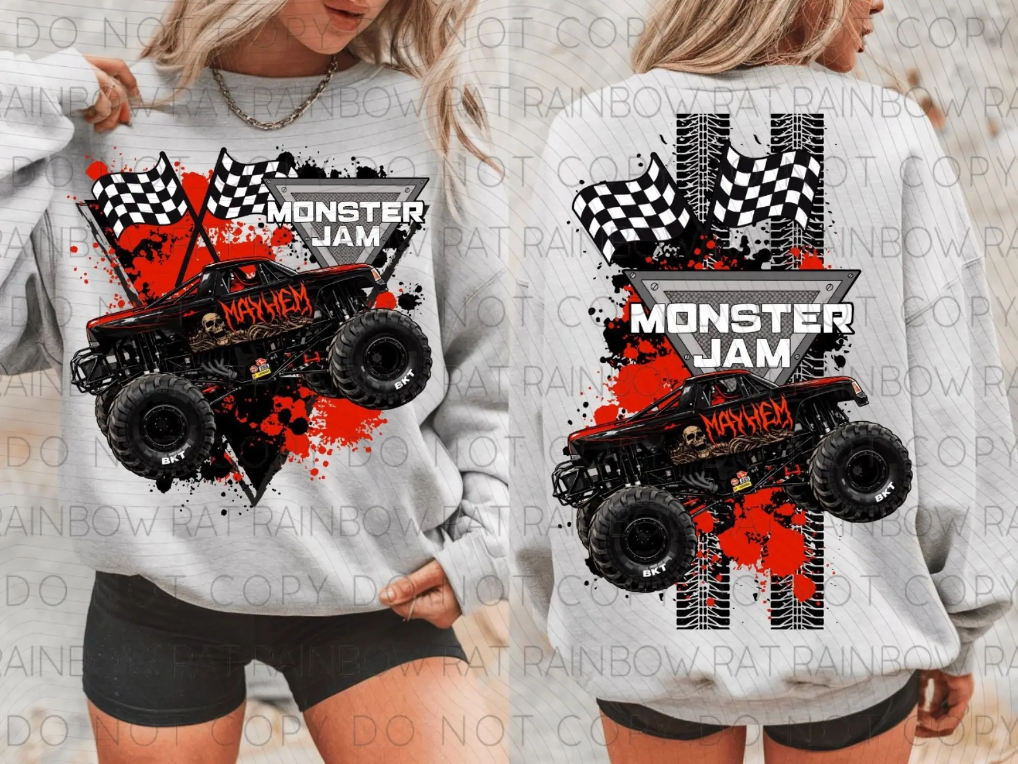 Youth & Adult 2-Sided Monster Truck Racing Sweatshirt Mayhem Graphic Front and Back Checkered Flag Design