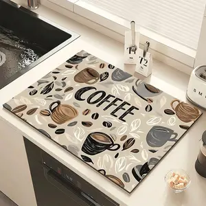 Single-Piece Coffee-Themed Non-Slip Kitchen Mat with Coffee Bean & Cup Design Heavy-Duty Rubber Countertop Drying Mat Dishwasher Safe Absorbent Drainage Mat for Coffee Station Kitchen & Dining Room Brown Space-Saving Decorative Surface Protector