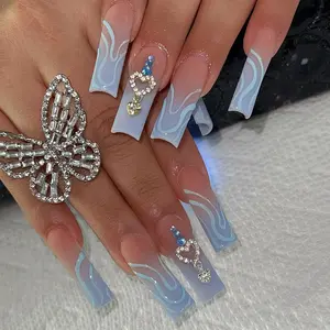 French Tip, Rhinestone Heart Design Press On Nails 24 Piece Set, Wear in 3 Minutes