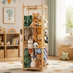 Plush Animal Storage Organizer with Cute Wooden Zoo Toy Rack, Display Storage Rack, Perfect Storage Shelf for Toddler Rooms, Playrooms and Bedrooms