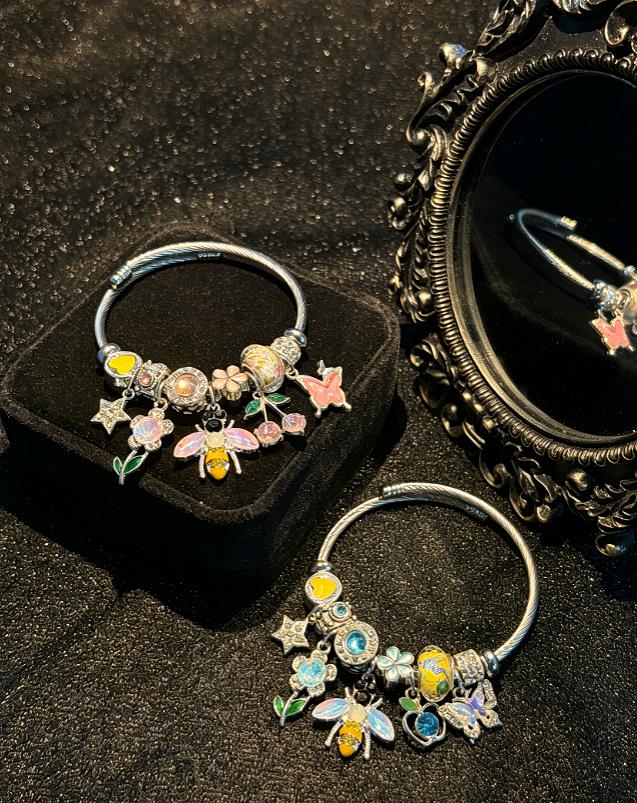 Women's Silver-Tone Bee & Butterfly Open Cuff Bangle, Flower Stackable Costume Jewelry Bracelet