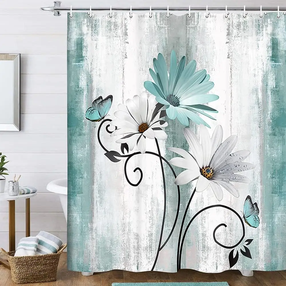Glam Waterproof Rustic Farmhouse Polyester Shower Curtain - Teal Daisy Floral & Butterfly Detail on Country Wooden Background, Turquoise Blue, 12 Hanging Hooks Included, Multi-Size Options Available, Adjustable