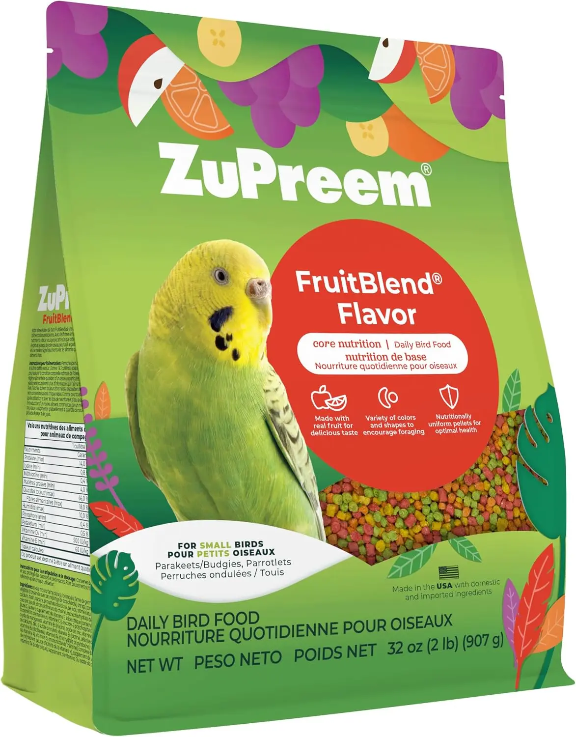 ZuPreem FruitBlend Parakeet & Budgie Food, Uniform Bird Food, Small, 2 lb | Bird Food Pellets, Parrot & Parakeet Food, Budgie, Parrotlet, Dove, Real Fruit, Uniform, Vitamins, Minerals, Made in USA