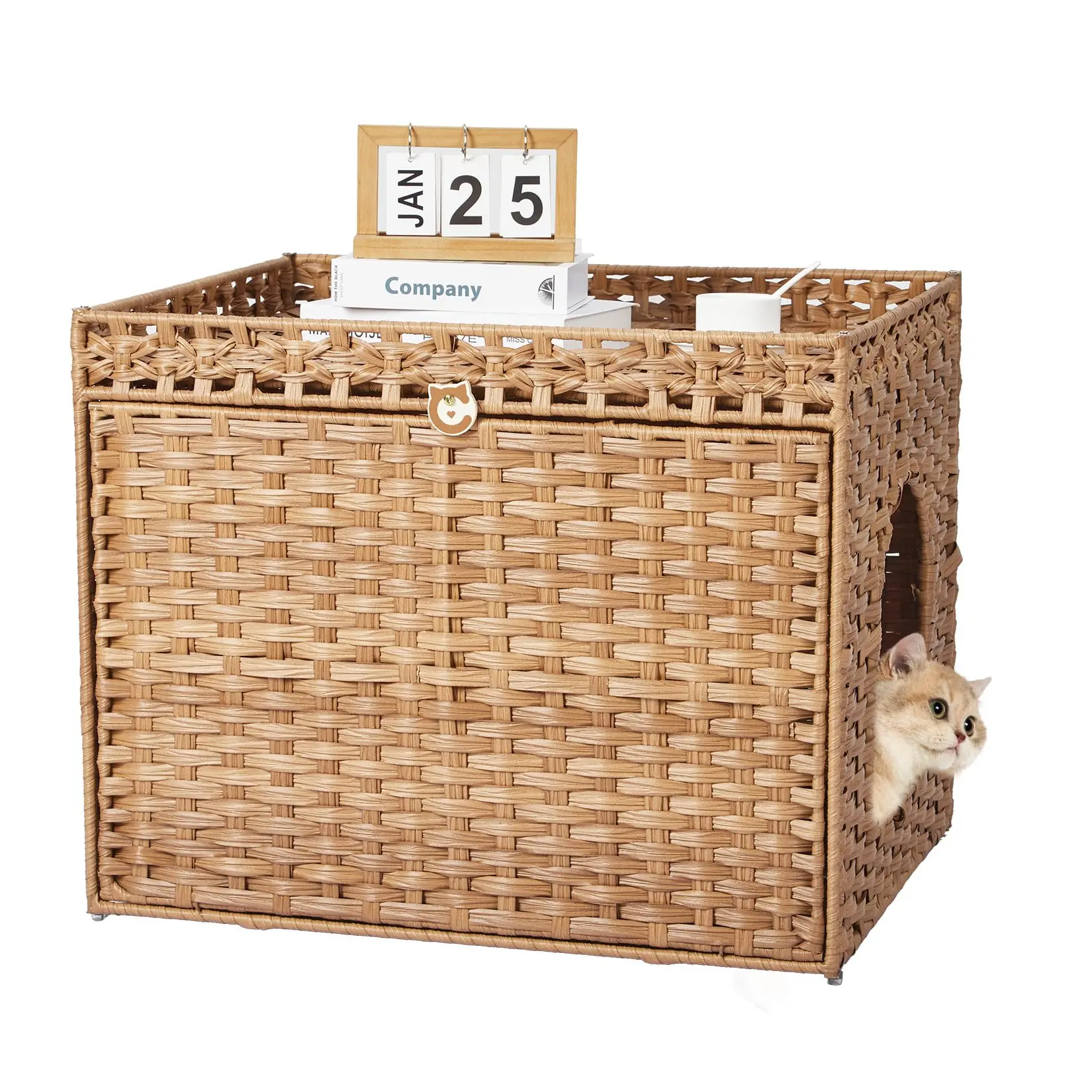Garvee Hidden Cat Litter Box Enclosure Furniture, Handwoven Rattan Cats Litter Box Cabinet with Mat, Large Indoor Cat House with Fence, Cats Washroom Furniture for Living Room Apartment
