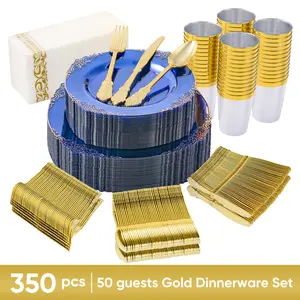 Vibrant Blue 350-PCS Disposable Dinnerware Set | Beautiful Lace Plates & Golden Cutlery | Perfect Birthday & Holiday Party Supplies #BirthdayParty #HolidaySupplies