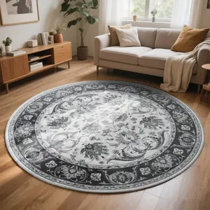 Retro round carpet, non slip low plush round carpet for living rooms and daycare, Bohemian printed indoor carpet