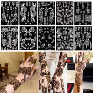 10 Sheets Henna Tattoo Stencils 10 Pair Arm Hand Tattoo Template Temporary Indian Arabian Glitter Airbrush Tattoo Stickers for Face Body Paint DIY (Black)