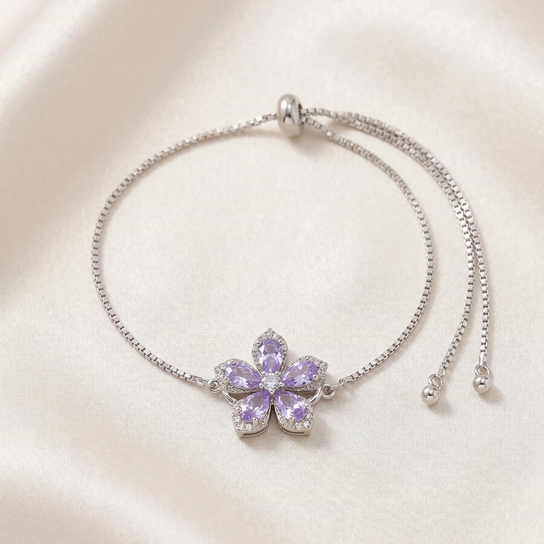 Adjustable Flower Charm Bracelet | Elegant Purple Floral Slider Wristband | Sparkly Layering Chain Jewelry, Versatile Size 14-20cm