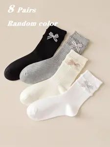 8 Pairs Lolita Bow Socks, Spring Summer Thin Women Mid-Calf Socks, Boneless Plain Sweet Girl Socks, Match Small Leather Shoes, Random Colors