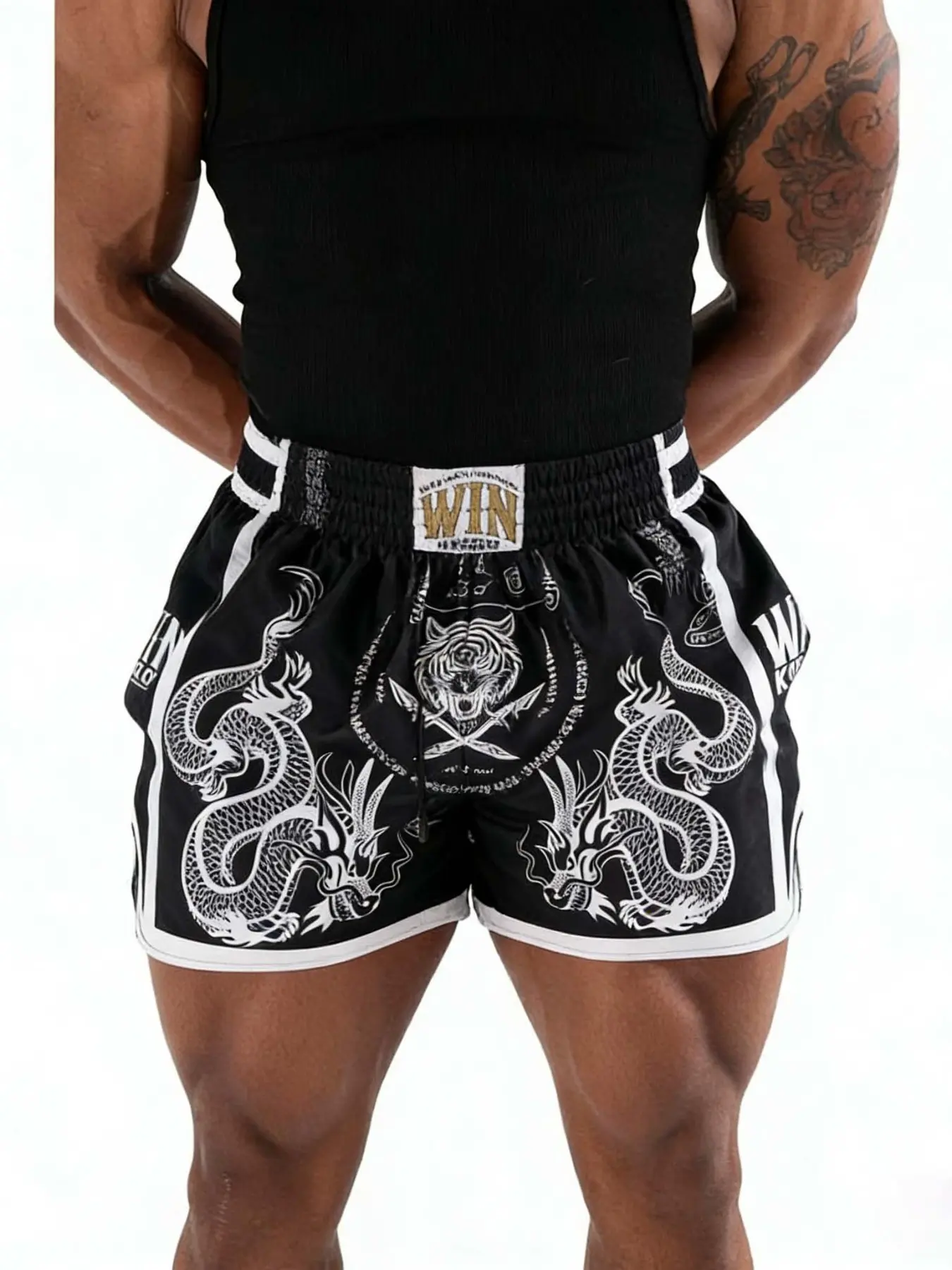 Men's Muay Thai Shorts, Premium Retro Kickboxing Training Shorts, Breathable Athletic Shorts, Dragon & Tiger Sak Yant Tattoo Design, Breathable Polyester Fiber, Breathable Printed Shorts, Breathable Fitness Shorts