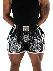 Men's Muay Thai Shorts, Premium Retro Kickboxing Training Shorts, Dragon & Tiger Sak Yant Tattoo Design, Breathable Polyester Fiber