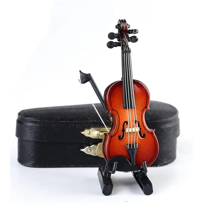 Wooden Miniature Violin with Stand,Bow and Case Mini Musical Instrument Miniature Dollhouse Model Home Decoration (3.15"x1.18"x0.59")