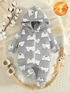 Baby Girl's Winter Cute Elephant Comfortable Hairy Hooded Zipper jumpsuit, Daily Casual Wear, Baby Girl's Comfortable Plush Warm Hooded jumpsuit, Children's Easter Gift