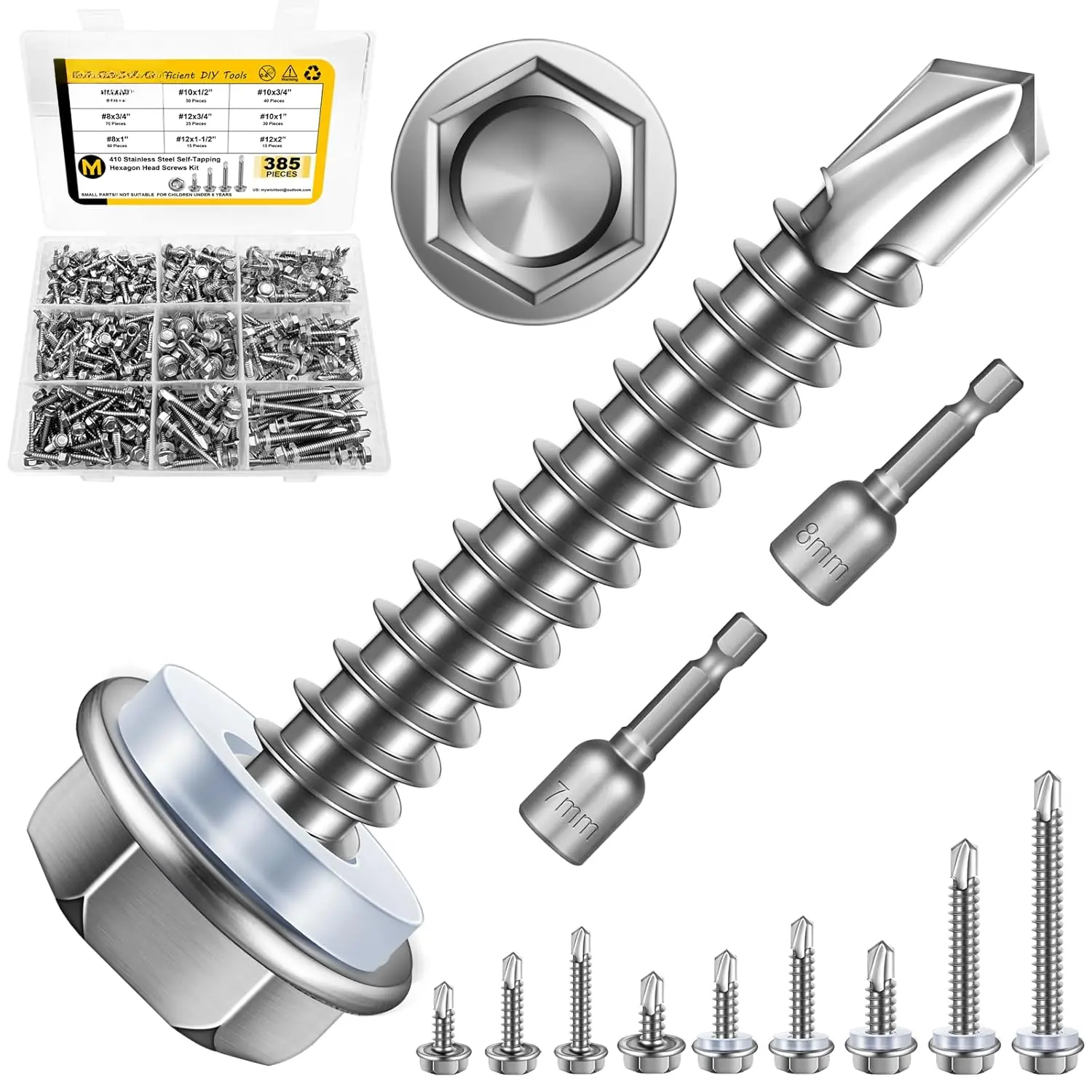 410 Stainless Steel Self Tapping Screws for Metal, 385 count #8#10#12 Hex  Self Drilling Screws Assortment Kit, Length 1/2" to 2", High Strength Sheet Metal Screws