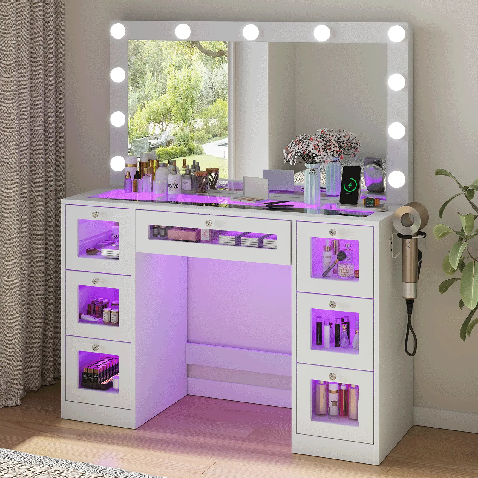 Makeup Vanity Table with LED Light Mirror, Tempered Glass Tabletop, 7 Drawers & RGB Ambient Lights, Dressing Vanity Set for Bedroom