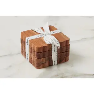 Scalloped Wood Coasters, Square, Natural, Set of 4