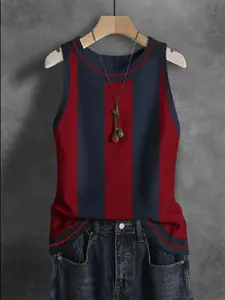 Vintage Casual Sleeveless Vest Top, Colorblock Round Neck Design, Comfortable Fashion Blouse for Women, Stylish All-Season Wear
