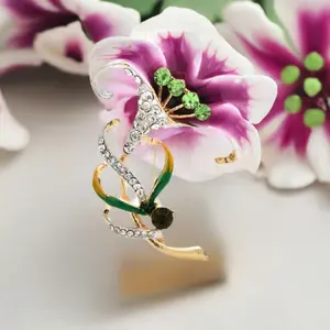 Elegant Purple Orange Lily Enamel Rhinestone Brooch Pin