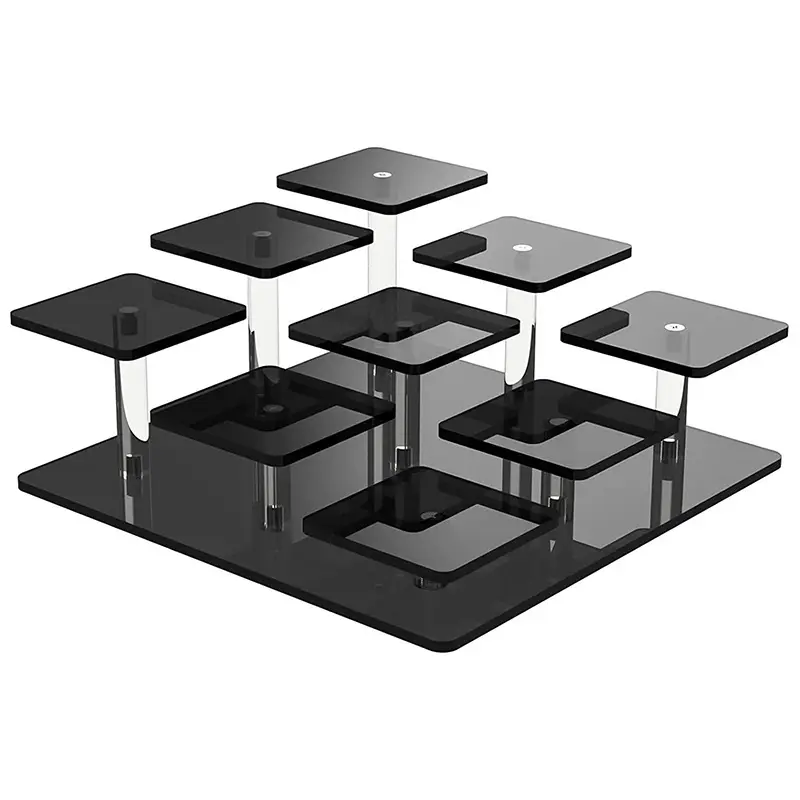 A Square Display Stand with Transparent, Black, Clear Acrylic Storage Options, Suitable for Small Figurines, Perfume Bottles, Collectibles, Jewelry, Modern Minimalist Style, Space-Saving Desktop, Acrylic Display Rack