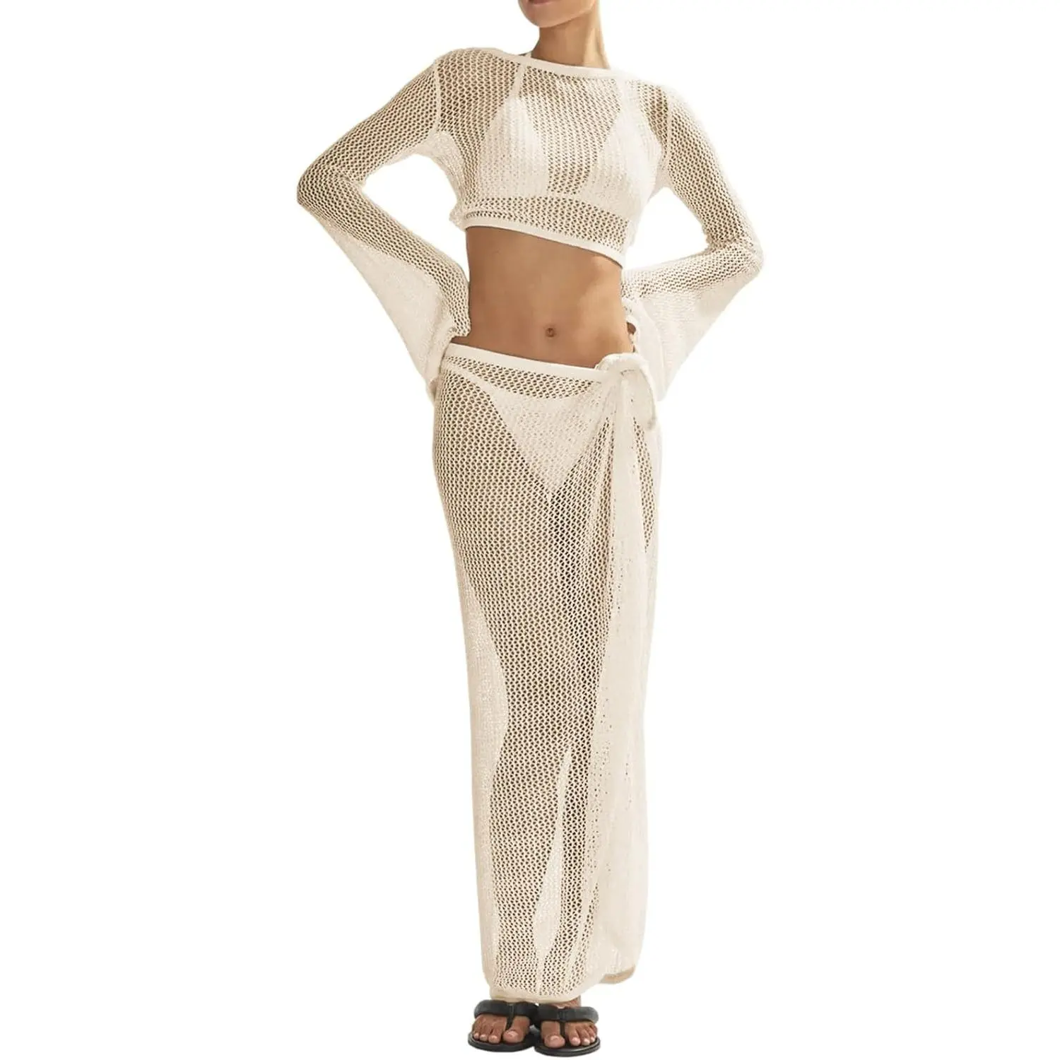 Saodimallsu Women's 2-Piece Crochet Cover Up Set, Hollow Out Knit Top with Trumpet Sleeves and Maxi Sarong Skirt for Beach Vacation, M, Beach Cover Ups, Bikini Coverup Set, V-Neck Top