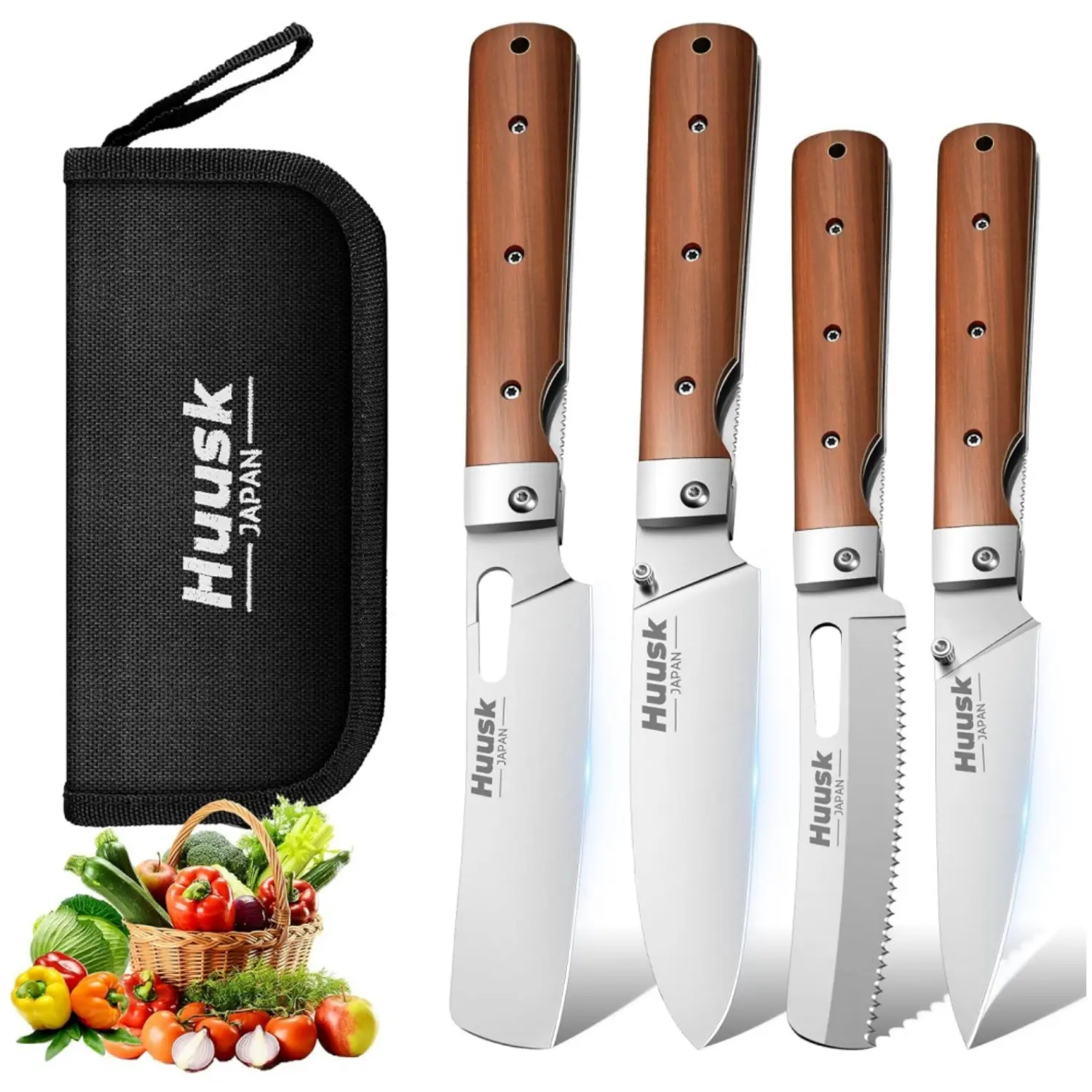 HUUSK Folding Kitchen Knife Set - Includes Nakiri, Santoku, Bread & Fruit Knives, Portable Cooking Knives, Ideal Gift Choice