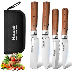 HUUSK Folding Kitchen Knife Set - Includes Nakiri, Santoku, Bread & Fruit Knives, Portable Cooking Knives, Ideal Gift Choice