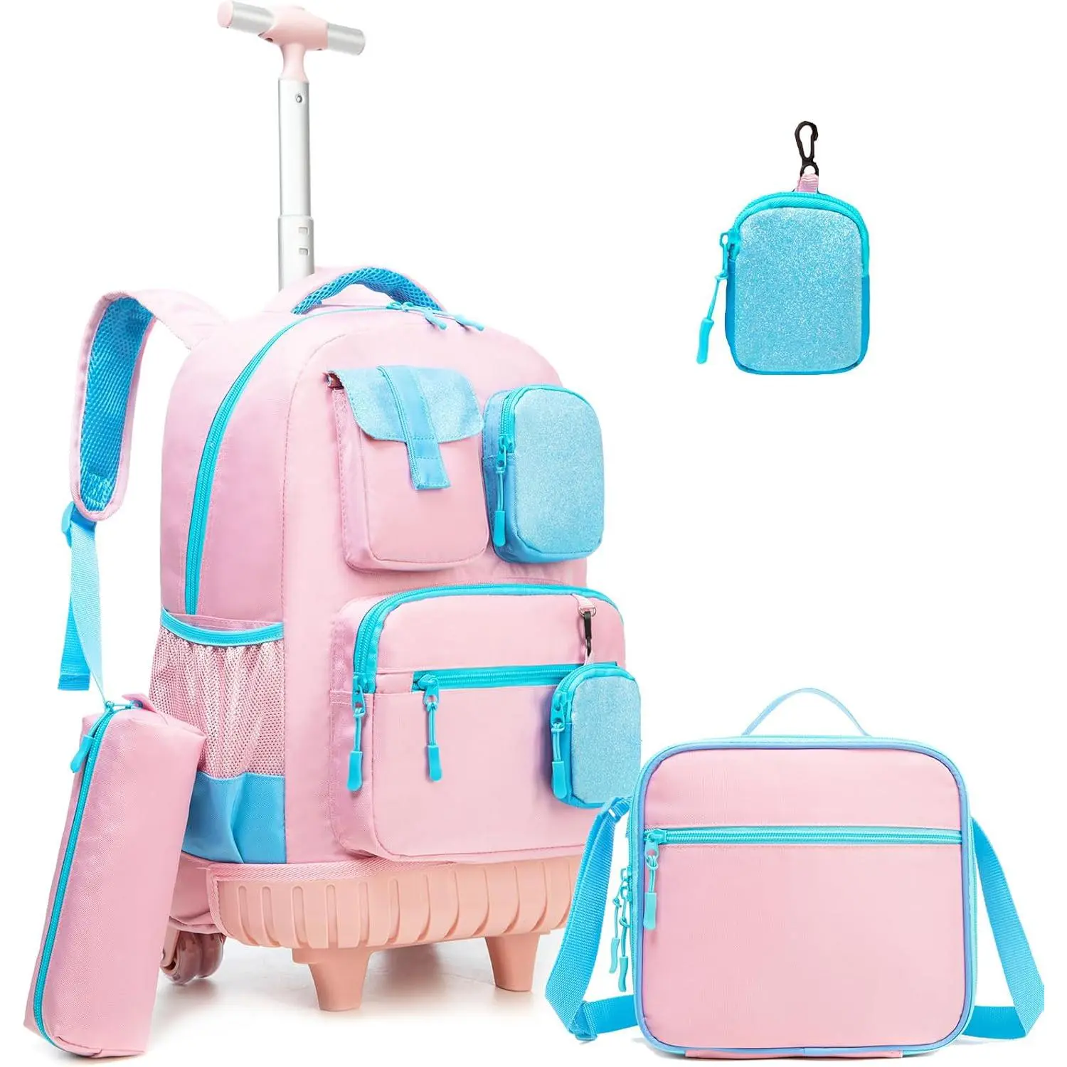 Girls' 4-Piece Polyester Rolling Backpack Set with Spinner Wheels and Glitter Accents, Includes Insulated Crossbody Lunch Tote, A Cute Back to School Haul for Campus Life, Zip, Adjustable Strap Bags