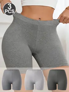 Women's High-Waisted Seamless Briefs Shorts Set of 3, Fitted Basic Casual Underwear for All Seasons, Plain Pattern, No Ca Prop 65 Warning