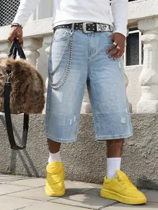 Men's Light Blue Washed Wide Leg Jeans, Summer Loose Fit Micro Ripped High Street Style, Music Festival Versatile Trendy Pants