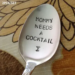 2pcs Mommy Needs A Cocktail vintage silverware hand stamped spoon