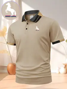 New Light Luxury Men's Clothing Short Sleeve Polo Shirt, Formal and Chic Fashion Casual Dress Shirt, White Prancing Horse Print Pattern, Suitable for Golf, Fishing, Camping an