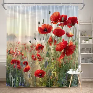 1Pc Spring Red Poppy Floral Shower Curtain Polyester Fabric Bathroom Decor Bathtub Screen Hanging Curtain with 12 Hooks 70.8x70.8 Inch Bright Nature Inspired Design