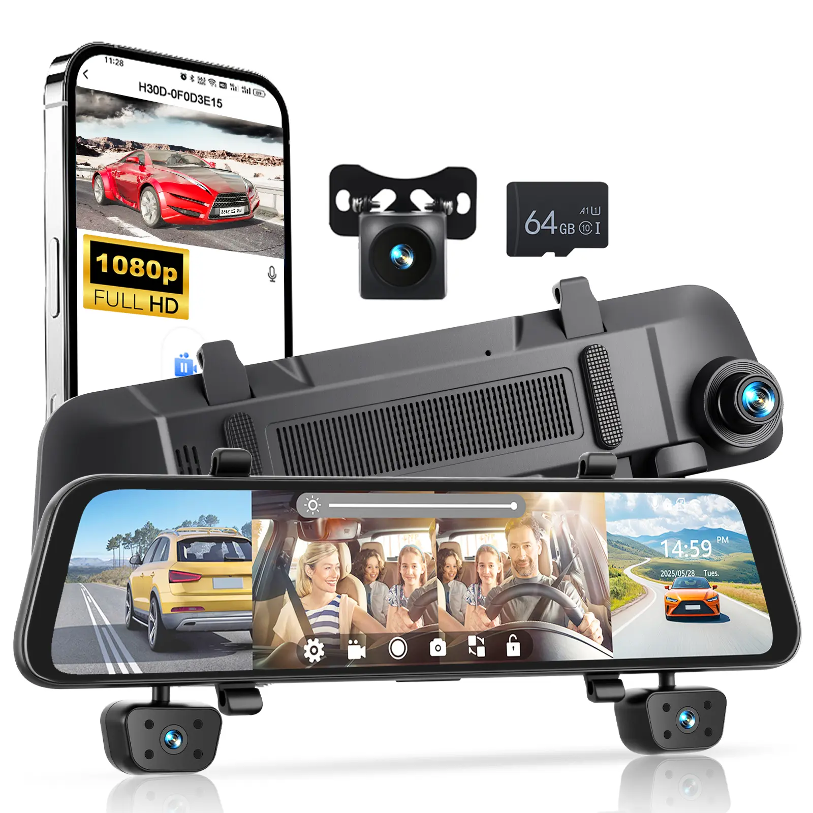 12-in 1080P WiFi Rearview Mirror Dashcam for Cars, 4-Camera Multi-Lens System with GPS, 64G Memory Card, Easy Installation, Parking Mode, G-Sensor, Night Vision, Parking Aid, App Control, WiFi Sync, Father's Day Gift, Multi-Camera Car Cameras