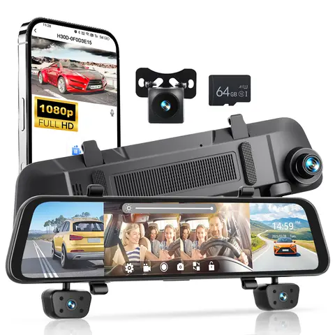 12-inch IPS 1080P WiFi Sync Rearview Mirror Dashcam for Cars, 4-Camera Multi-Lens System with GPS, 64G Memory Card, 120° Cabin Capture, Reverse Assist, 12" Touch Control, Easy Installation, 24/7 Parking Monitoring, G-Sensor, Night Vision, App Control