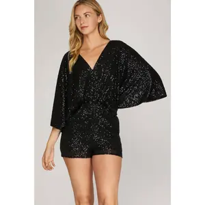 Women's Kimono Sleeve Sequin Jumpsuit Romper Shorts