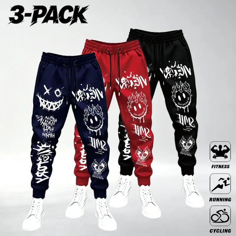 Men’s 3-Pack Streetwear Joggers, Red/Navy Blue/Black - Running,Fitness - Comfortable,Stylish - Dark Evil Smiley Graffiti,Paint Splatter,Flame Melting Face Print,Cone-Shaped Design