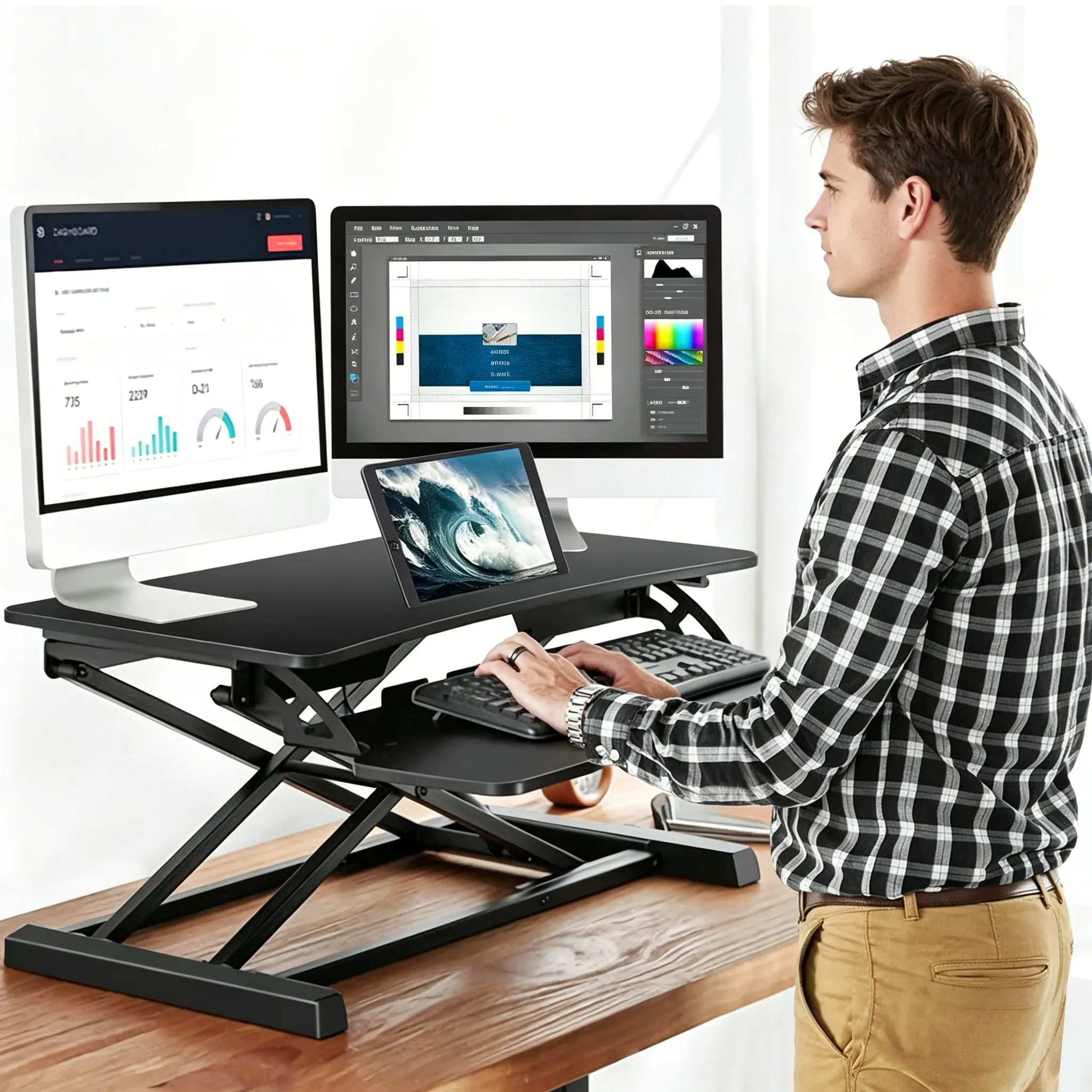 Ergonomic Home Office Height-Adjustable Sit-to-Stand Dual Monitor Riser Desk Extender with Keyboard Tray, Desk Accessories for Organization, 5.12in-20.08in Adjustment Range, 31.3x15.36in Surface, 44lbs Max Load