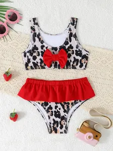 Adorable Leopard Print Ruffle Waist Bikini Set, Back Bow, Suitable for Little Girls, Summer Beachwear, Fashion Kids Swimwear