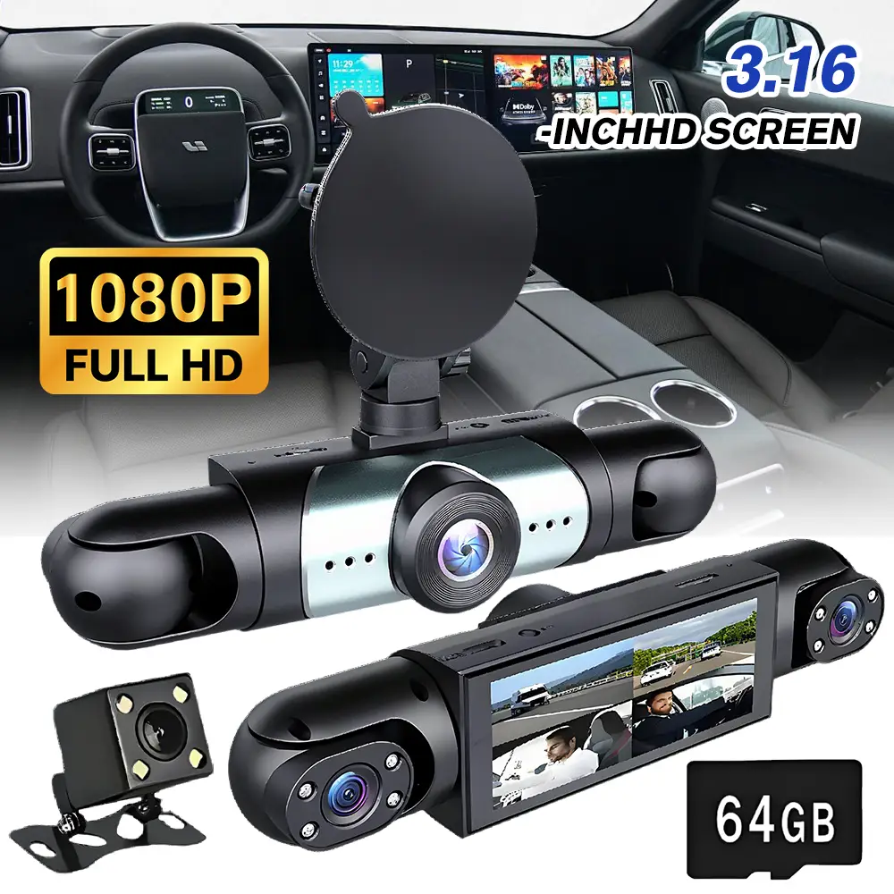 4-Channel Dash Cam Front Rear & Inside, 1080P Full HD Car Driving Recorder with 3.16" IPS Screen, 64GB Card, Night Vision, Parking Mode & G-Sensor