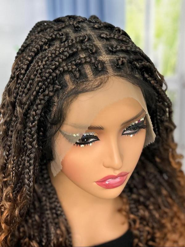 Boho Style Synthetic Box Braided Full Lace Wigs for Women, Gorgeous Fluffy Wigs with Baby Hair Bangs, Synthetic Braided Lace Wigs for Party, Daily Use, Pre Braided Wig