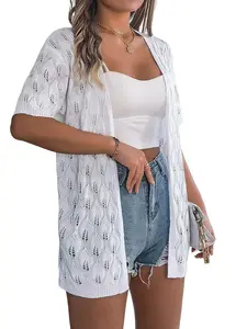 YESFASHION Women's Open Front Hollow-Out Knit Short-Sleeve Mid-Length 100% Viscose Lightweight Summer Sun Protection Cardigan Cover Up XYZ woman waffle comfortable round neck Wool Blend Sweater