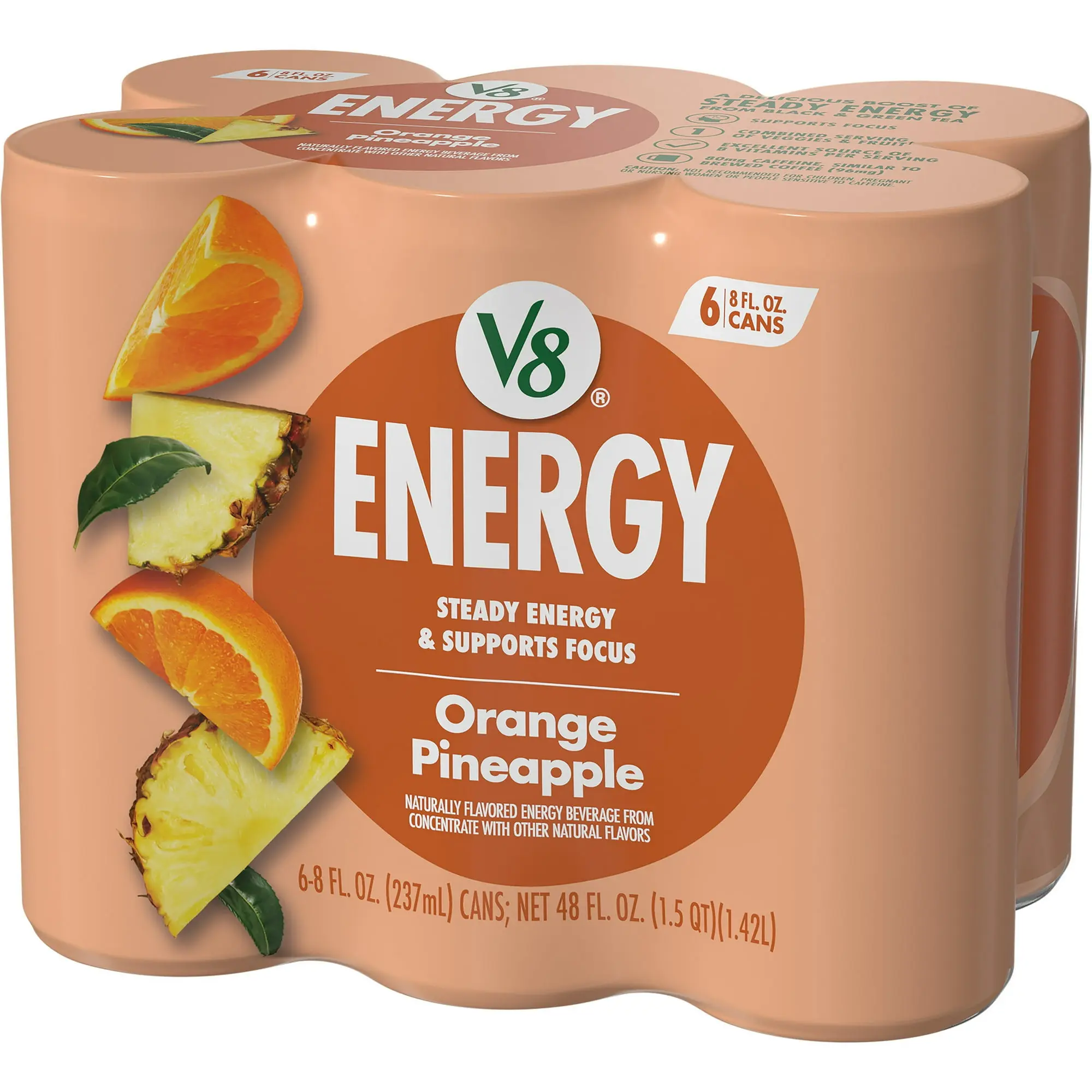 V8 Energy Orange Pineapple Energy Drink, 8 fl oz Can, 6 Pack