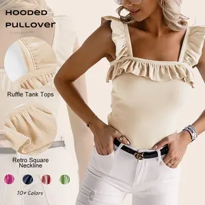 Imily Bela Womens Cute Sleeveless Tank Tops Ruffle Strap Square Neck Blouse Solid Color Knitted Camisol