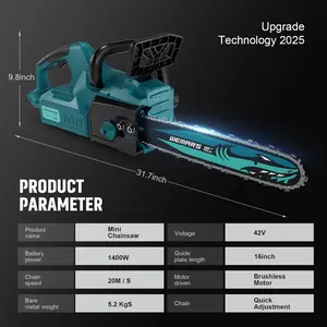 Brushless 42V 16 Inch Chainsaw with 2 x  Batteries, Electric Chain Saw Cordless with Tool-free Chain Tension, Auto Oiling, Heavy-Duty for Tree Felling, Firewood Cutting, Pruning
