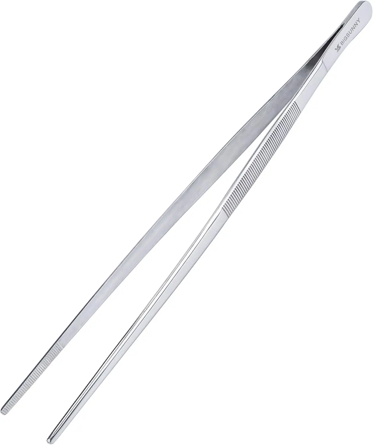 12-Inch Stainless Steel Industrial Kitchen Tweezers Utensils, Precision Serrated Tips, Slip-Resistant Grip, Multi-Function Hand Tool for Food Handling