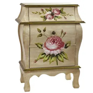 212 MAIN Antique Look Flat-Top Bedside Table Nightstand, 3-Drawer Indoor Furniture with Floral Print for Bedroom, Flat-Top Bedside Tables