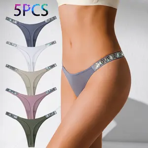 5pcs Women's Rhinestone Thongs Stretchy Sports Panties Pack Sexy Low Waist Womens Lingerie Exquisite Craft Comfortable Breathable Underwear for Women Elegant Solid Colors (Black/Brown/Beige/Blue/White) Skinfriendly Fabric Holiday Gifts for Lover Wife Piec
